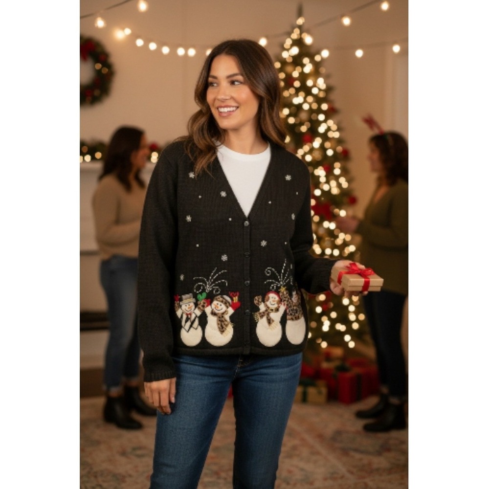 Womens L Black Snowman Appliqu Cardigan Sweater Rhinestone Snowflake Embellished